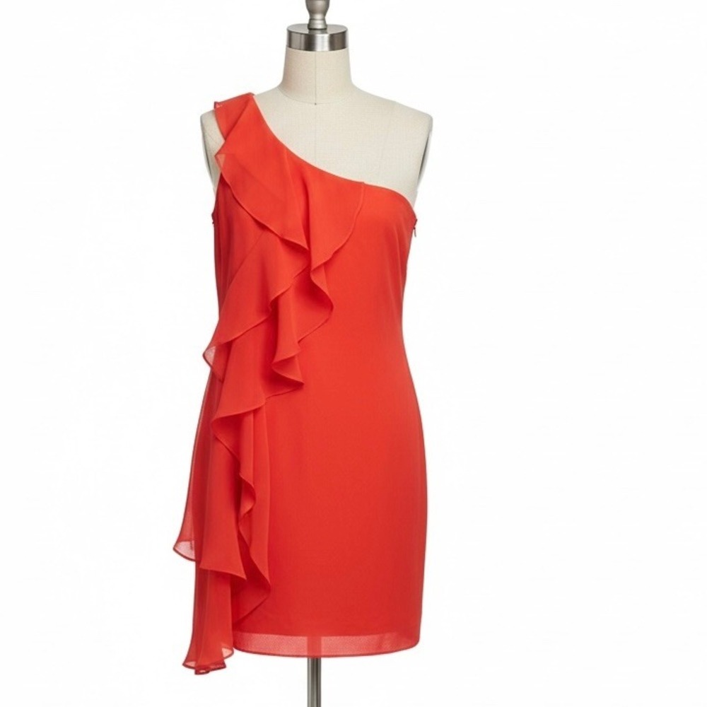Oh My Julian One Shoulder‎ Ruffle Mini Dress Orange Red Medium